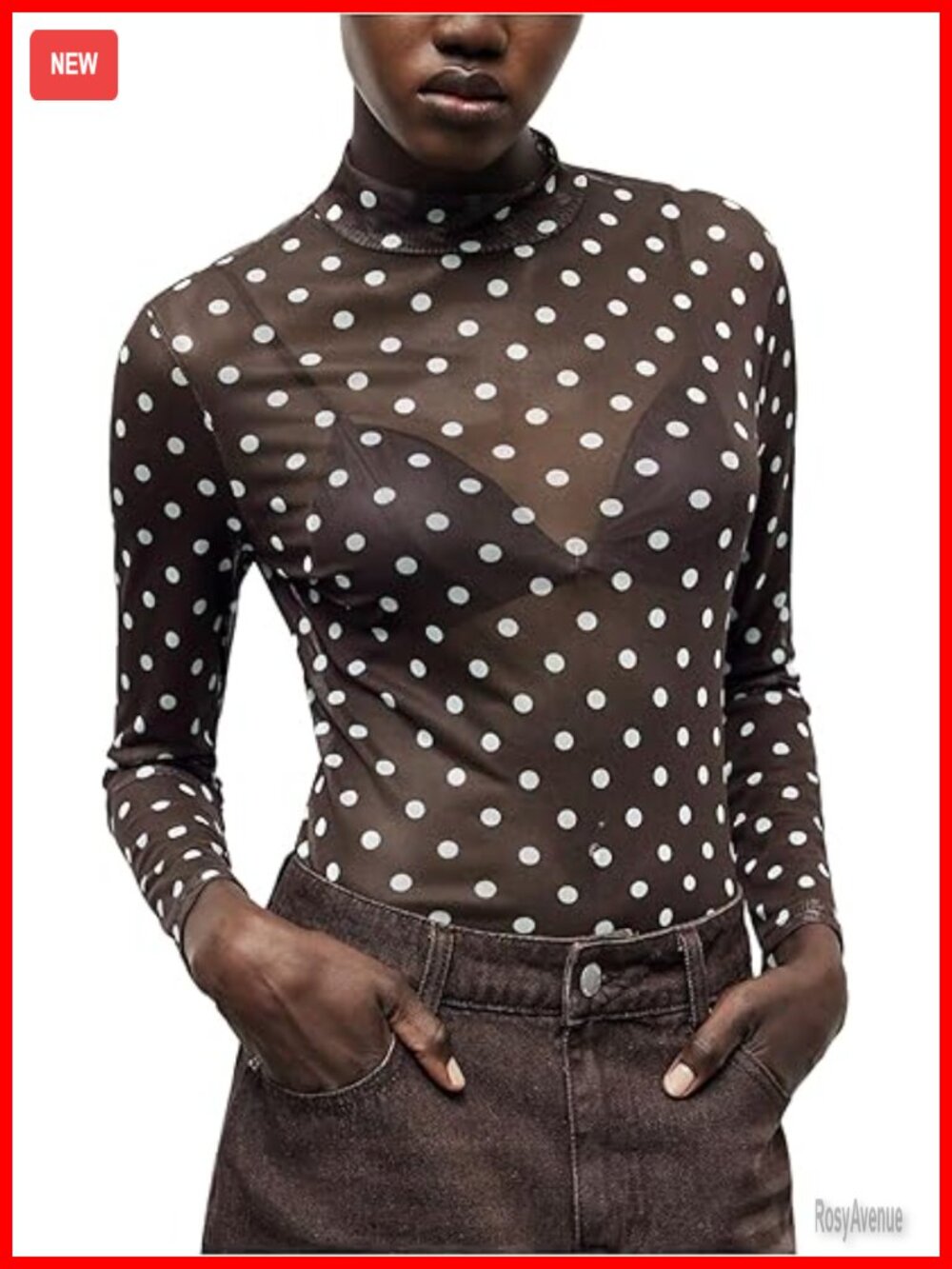 Slim Fit Mock Neck Long Sleeve Mesh Tee Polka Dots Top Layering Going Out Party